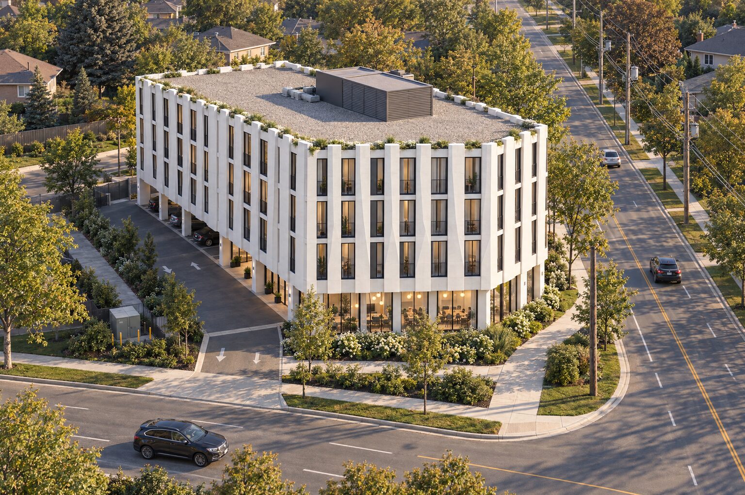 Architectural visualization from above, showing the planted roof edge, the corner site and the surrounding Meadowvale streets and houses.