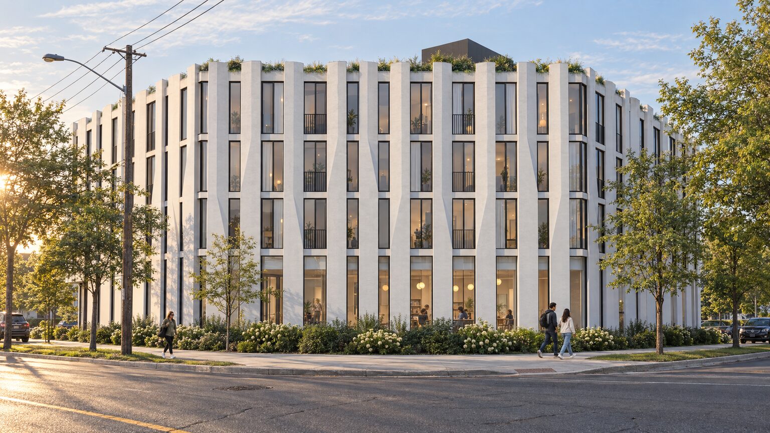 Architectural visualization of the four-storey building on its corner site: white precast fins, narrow apartment windows with Juliet railings, planting along the roof edge and a lit community room at street level.