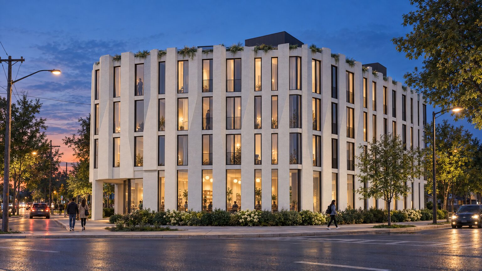 Evening architectural visualization: warm light in the apartment windows and the ground-floor community room at dusk.