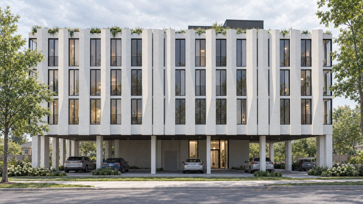 Architectural visualization of the north side, where the upper homes sit above the covered parking area on slender columns.