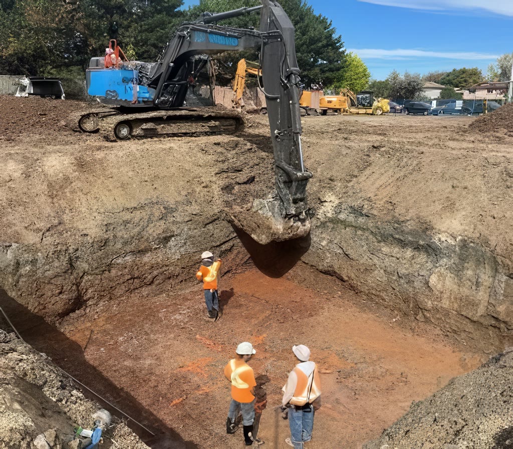 An excavator digging a deep, square pit for the crane footing while workers in hard hats stand at the bottom.
