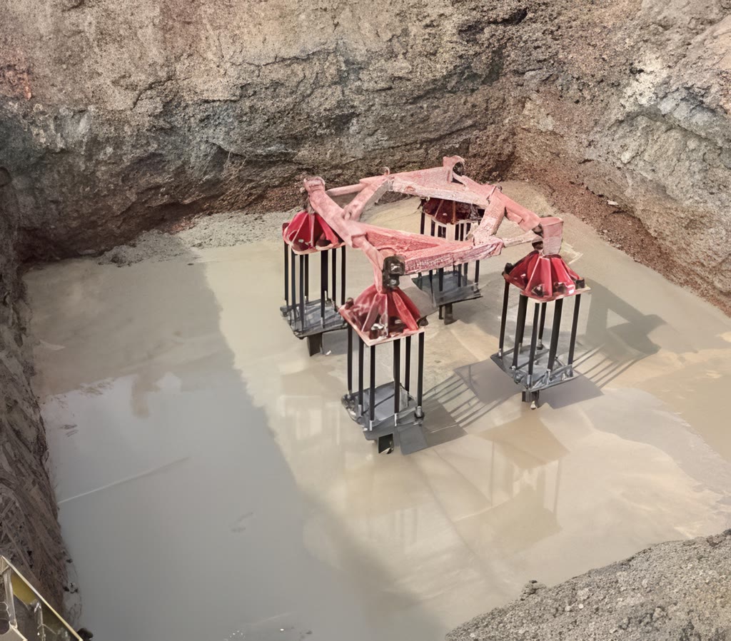 Fresh concrete poured across the bottom of the pit around the steel crane base.